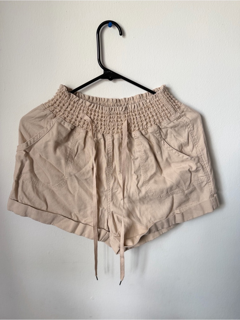 Beige Smocked Waist Women's Shorts